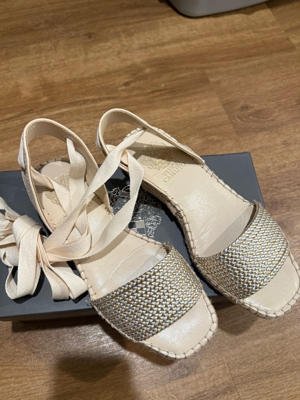 Beige Woven Espadrille Sandals with Ankle Tie